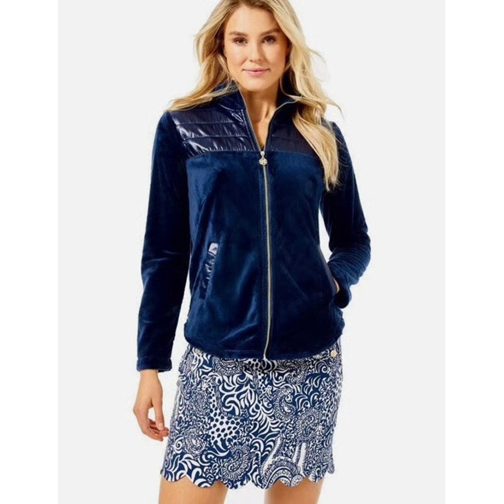 Lilly Pulitzer Leona Plush Zip Up Fleece Jacket‎ Women's XS Navy Blue Pockets